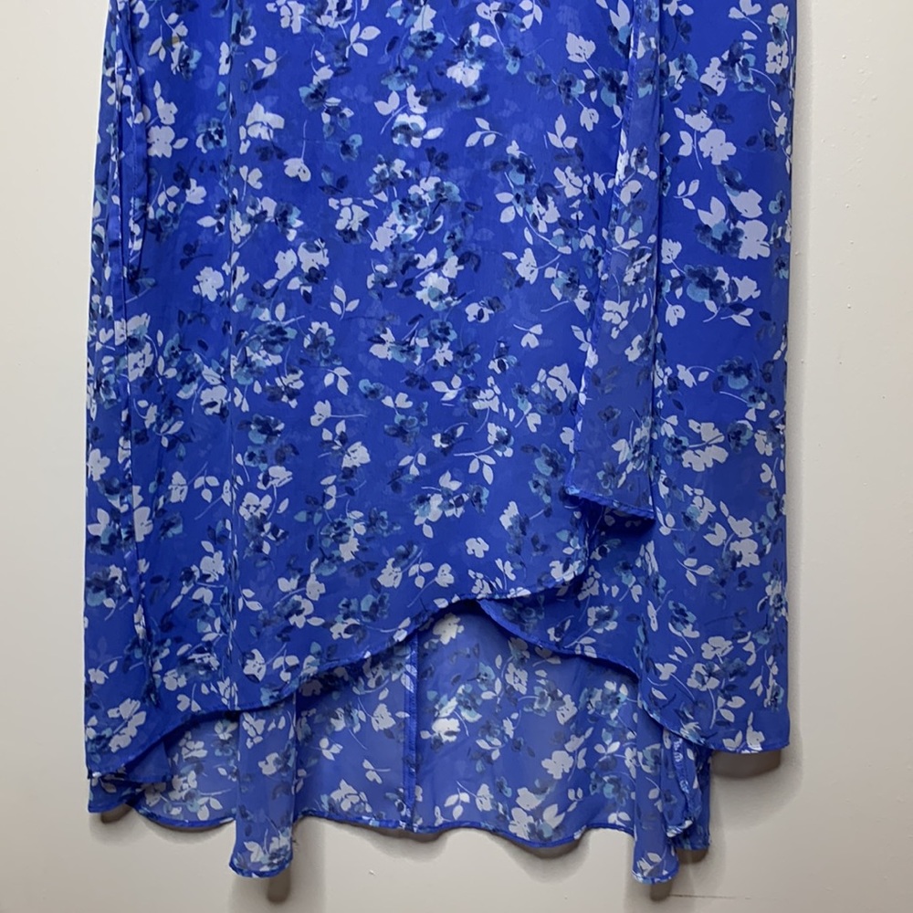 INC Midi Dress Blue Floral Faux Wrap Ruffle Detail V-Neck Sleeveless Romantic - Picture 4 of 10